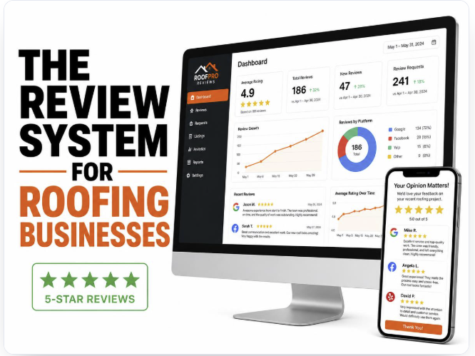 The Review System for Roofing Businesses, with a review dashboard and phone showing five-star customer reviews