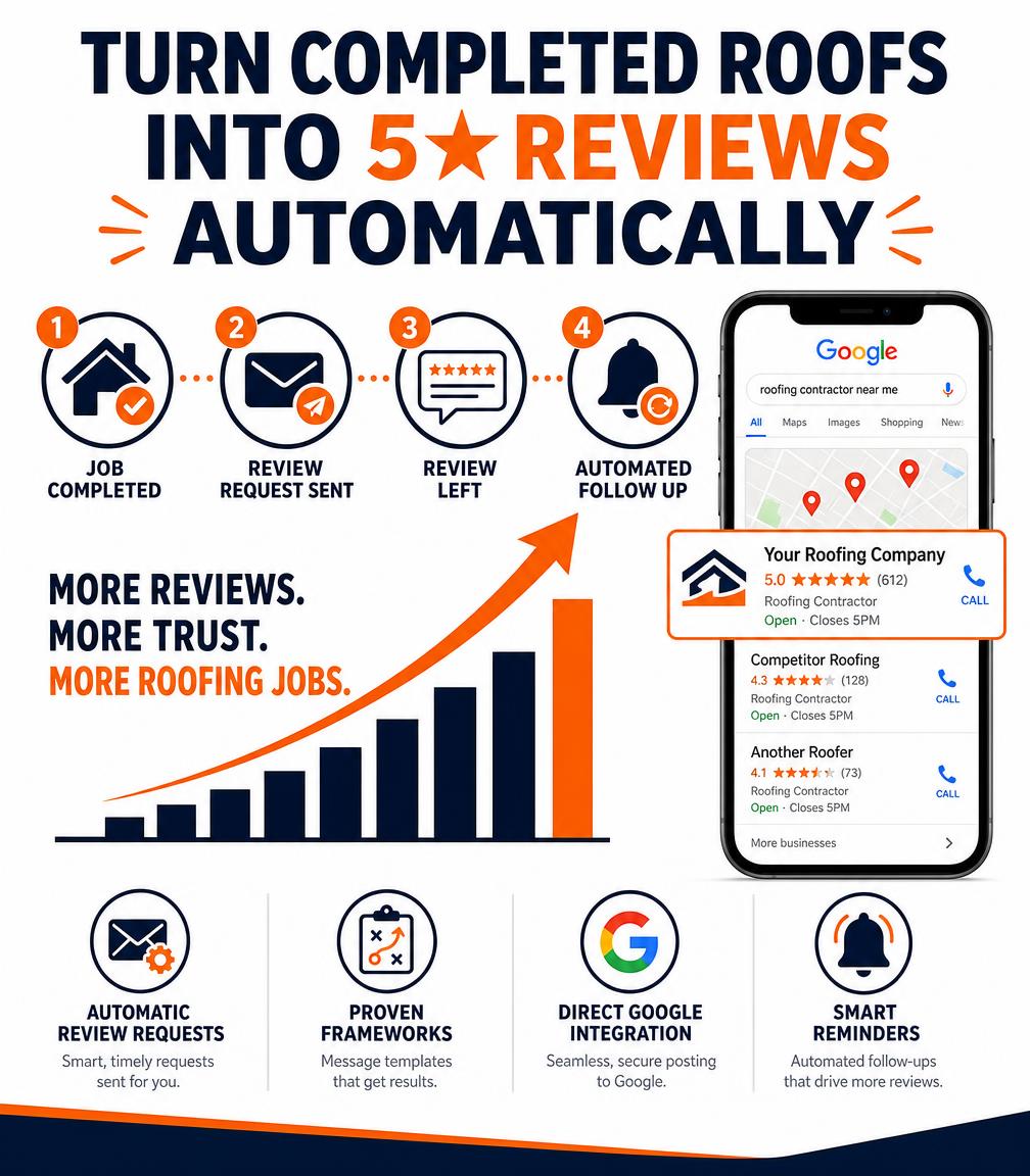 Infographic: completed roofs turned into 5-star reviews automatically through job completion, review request, review left and automated follow up